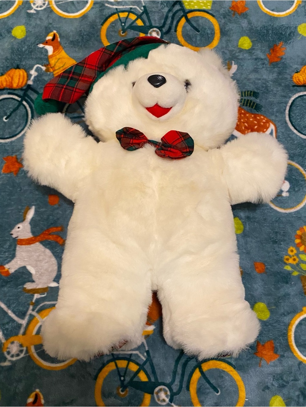 Vintage 1991 White Plush Snowflake Christmas Bear w/ Red Tartan Hat & Bow
